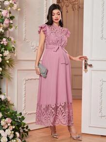 SHEIN 孕妇装 撞色蕾丝盖袖打结腰优雅连衣裙 - 粉色 - 查看 4