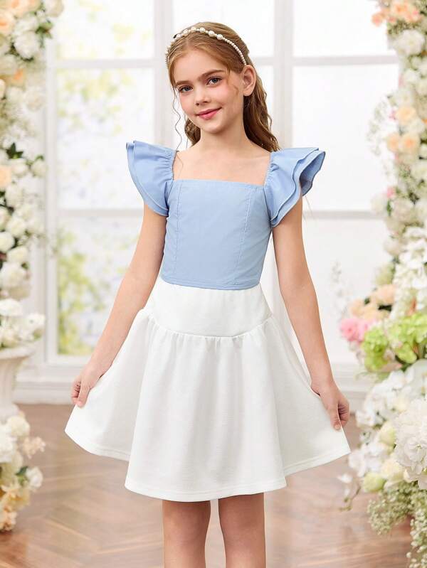 Tween Girls Cute Blue Fluttering Sleeve Top And Elastic Waist Skirt 2 Pieces Set, Summer