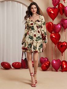 Chiquease Women Square Neck Short Dress, Elegant Style - Apricot - View 1