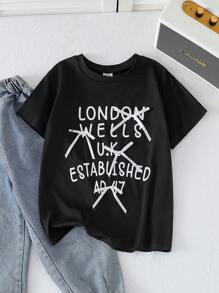 SHEIN Young Girls' Fashion Digital Letter Print Bow Knitted Casual Round Neck Short Sleeve Plain T-Shirt, Summer - Black - View 1