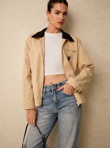 Poéselle 女士简约时尚休闲夹克，法国斗牛犬精致刺绣夹克，适合日常、街头、约会、通勤、居家等场合穿着 - 卡其色 - 查看 3