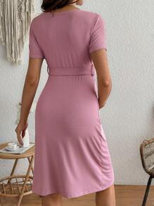 SHEIN Maternity & Nursing Pink Dress With Waist Tie - Pink - View 2