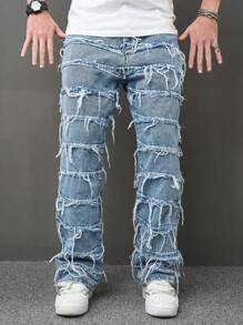 Manfinity EMRG 宽松男式纯色毛边牛仔裤 - 藍色 - 查看 6