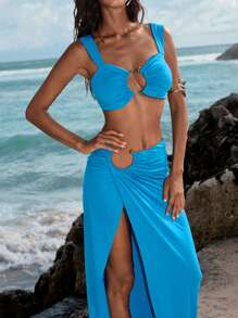 Opulessa 2 件套：女士纯色针织短款上衣和中腰开衩裙 - 藍色 - 查看 3