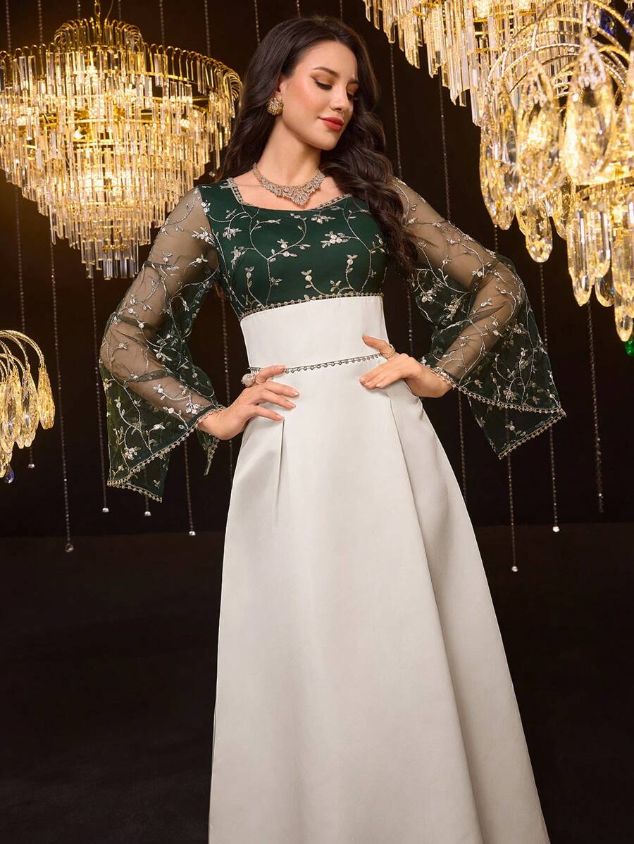 Al Najma 女士蕾丝拼布圆领长袖休闲阿拉伯风格连衣裙 - 綠色 - 查看 1