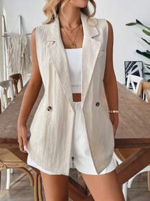 Chiquease Women's Casual Solid Color Double-Breasted Linen Sleeveless Blazer - Apricot - View 1