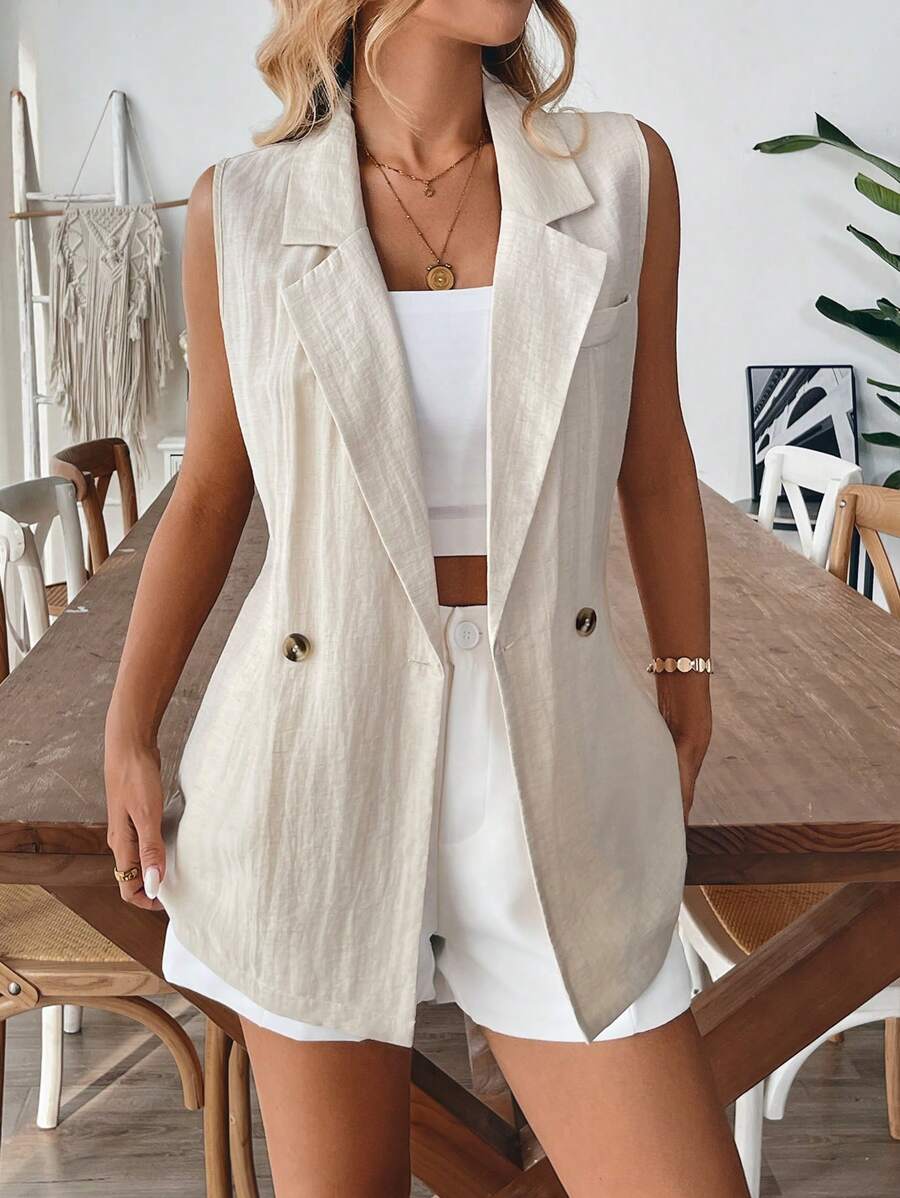 Chiquease Women's Casual Solid Color Double-Breasted Linen Sleeveless Blazer - Apricot - View 1