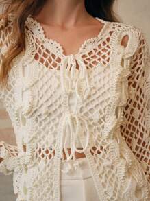 Anewsta Handmade Crochet 3D Lock Chain Floral Lace Faux Pearl Hollow-Out Versatile Cardigan - White - View 2