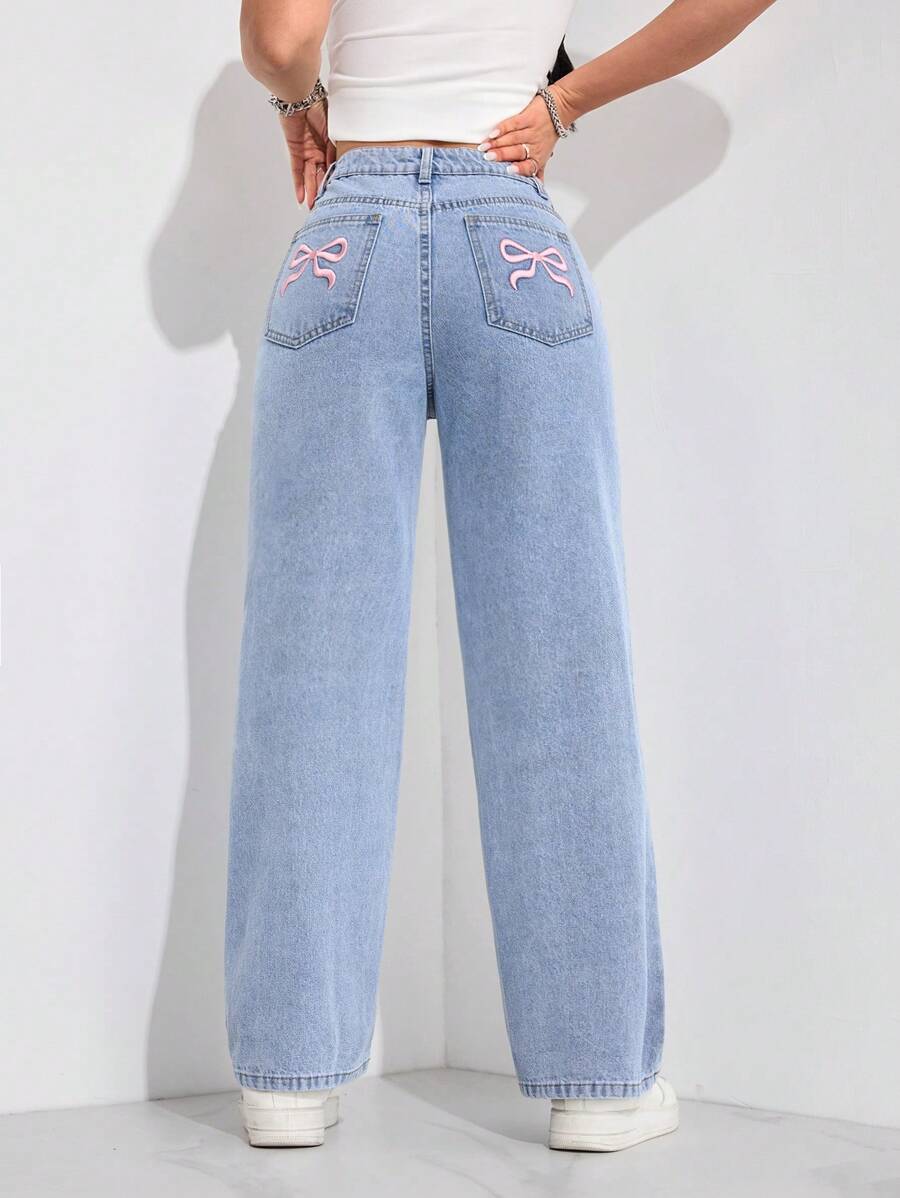 SHEIN PETITE Women's Bow Embroidered Pocket Casual Straight Leg Jeans - Light Wash - View 1