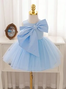 Glamorique Kids Baby Girls' Christmas Party Dress, New Autumn/Winter Luxury Children Pageant Gown, Satin Bow & Tulle Layered Sleeveless High-End Quality Infant Dress In Green - Baby Blue - View 1