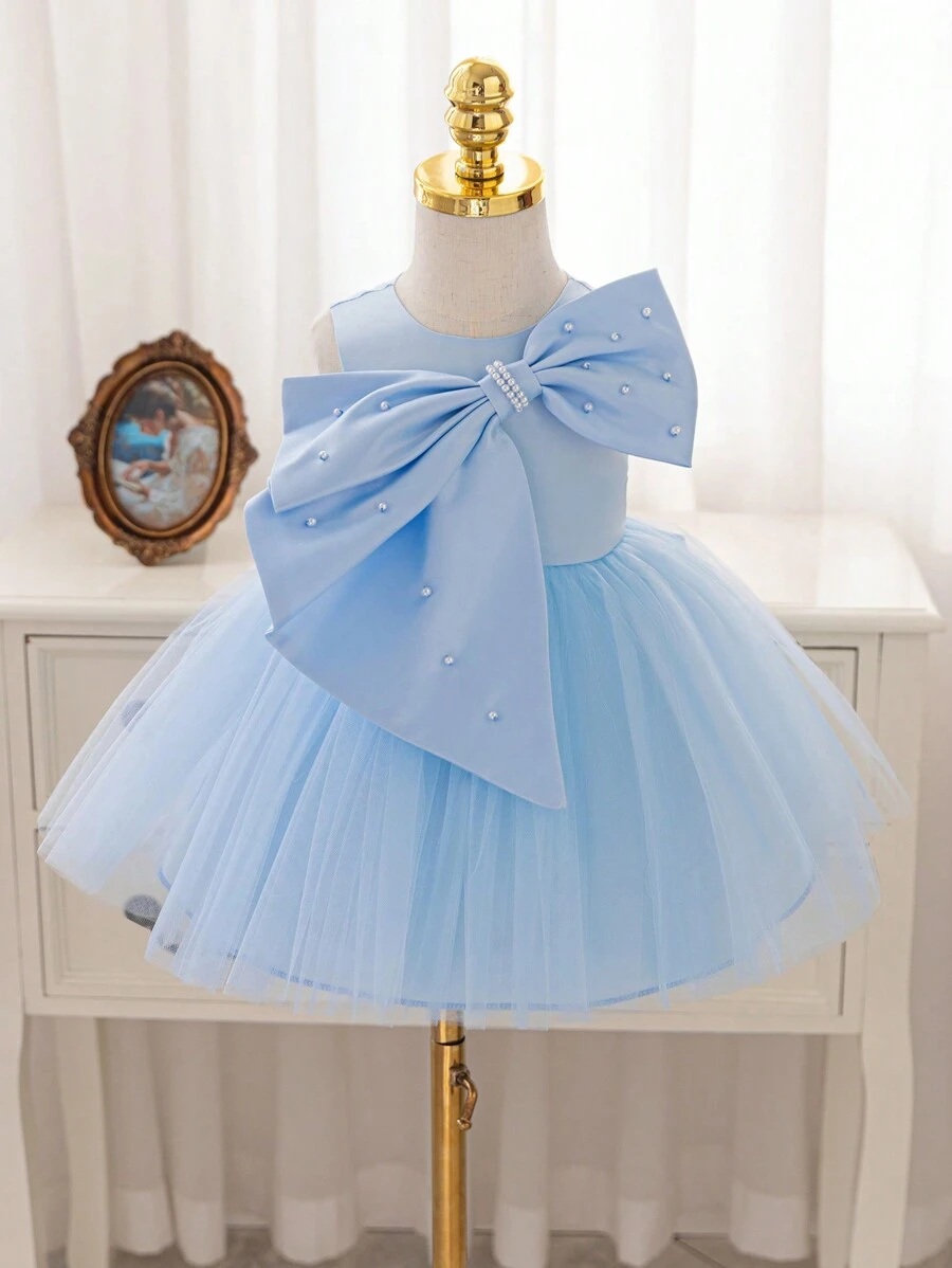 Glamorique Kids Baby Girls' Christmas Party Dress, New Autumn/Winter Luxury Children Pageant Gown, Satin Bow & Tulle Layered Sleeveless High-End Quality Infant Dress In Green - Baby Blue - View 1