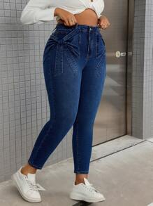 Slaydiva Plus Size Women Stretchy Blue Denim Skinny Pants With Stylish Bow Decor On Sides - Blue - View 7