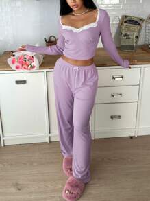 SweetSlumber Women Lace Trim & Rhinestone Collar Long Sleeve Minimalist Top And Lounge Pants Pajamas Set