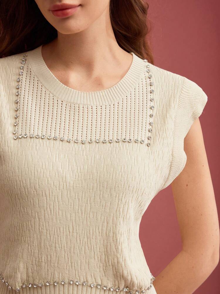 RHINESTONE DETAIL CAP SLEEVE KNIT TOP KNIT PULLOVER FALL WINTER