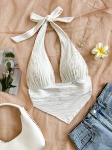 Soleia 纹理三角形下摆贴身挂脖背心，适合女士、度假、音乐节、波西米亚风、节日、约会、夏季上衣 - 白色 - 查看 8