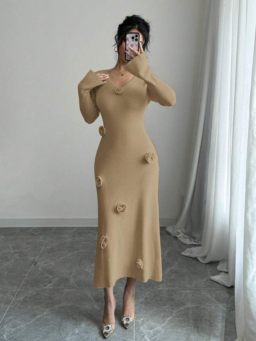 Elenzga 3D 花朵系带长袖休闲针织长裙 - 駝色 - 查看 1