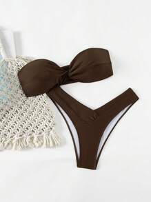 SHEIN Swim Damen Springbreak einfarbiger, sexy modischer verdrehter Bandeau 2-teiliger Bikini-Badeanzug-Set, Sommer Festival Boho - Kaffeebraun - Übersicht 1