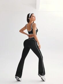 Dewbera 对比色条纹图案印花喇叭腿运动连体裤 - 彩色 - 查看 4