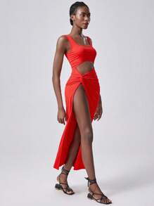 SHEIN Unity Women's Solid Color Square Neck Waist Cutout Side Slit Hem Sexy Dress - Red - View 6