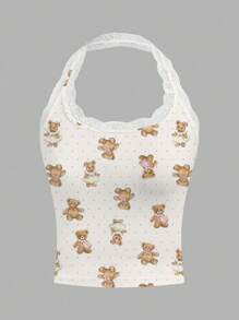 Sweetina Casual Simple Cartoon Bear Print Lace Trim Neck Tie Patchwork Blouse