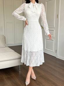 DAZY Women Elegant Solid Color Lace Ribbon Collar Puff Sleeve Mid-Length Dress Prom Dress