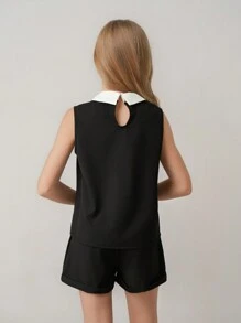 SHEIN Tween Girls Elegant Fashion Simple Lapel Sleeveless Cropped Contrast Bow Shirt And Elastic Waist Plain Shorts Set, Summer - Black - View 2