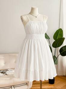 SHEIN Frenchy Plus Size Graduation Dress White Leisure Resort Textured Chiffon Waist Flare A-Line Cami Dress