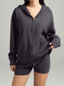 LYSMO Conjunto de Mujer de Chaqueta con Capucha de Manga Dolman con Cierre Delantero y Shorts de Punto de unicolor