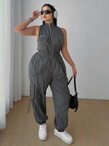 POPSWAY Plus Size Fashionable Sleeveless Grey Jumpsuit