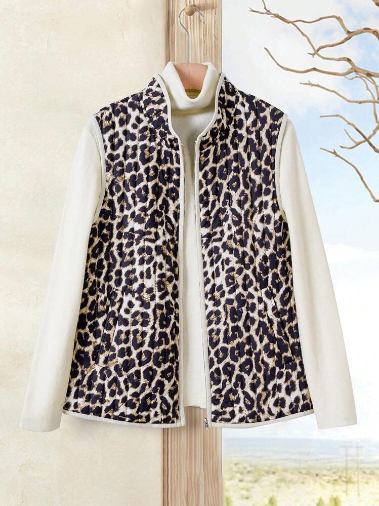 Rusticease Valentine's Day Cheetah Print Women Leopard Print Sleeveless Zipper Jacket, Casual & Chic For Daily Wear, Winter - Multicolor - View 1
