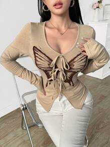 Modelyn 女士前系带长袖蝴蝶印花简约休闲上衣，日常穿着 - 卡其色 - 查看 1