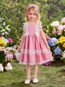 SHEIN Robe à encolure carrée de style princesse adorable pour jeune fille avec garniture de dentelle, décoration de nœud papillon et set de serre-tête assorti - Rose bonbon - Voir 4