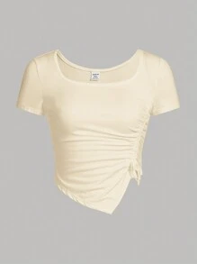 SHEIN Girlism Teen Girl Square Neck Drawstring Asymmetric Waist Elegant Short Sleeve T-Shirt - Apricot - View 1