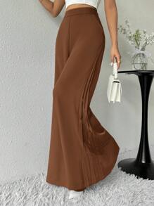 Modelyn Women's Solid Color Loose Wide-Leg Simple Casual Trousers - Coffee Brown - View 3