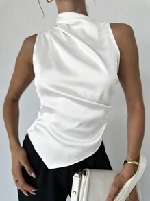 Firerie Áo sơ mi nữ đơn giản thanh lịch, cổ bẻ, viền cong, màu be, không tay, đi làm văn phòng - trắng - Xem 2