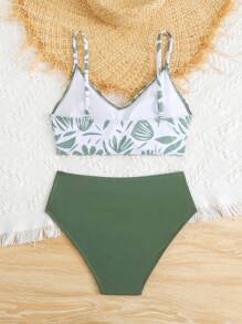SHEIN Teen Girls Plant Print Swimwear Set For Beach Vacation Summer Holiday - Green - View 2