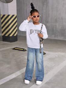 Tween Girls Y2K Fashionable, School Spirit Essential All-Match Fashionable Item, Girls Daily Casual Versatile Personalized All-Match Streetwear Retro Style Flare Comfortable Washed Jeans