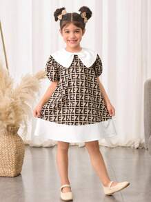 SHEIN Young Girl's Woven Plaid Patchwork Puff Sleeve Loose Casual Peter Pan Collar Dress