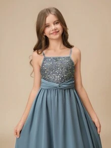 Tween Girl Wedding Party Flower Girl Elegant Sequin & Bead Embellished Chiffon Asymmetric Hem Long Dress, Birthday Party Pageant Gown