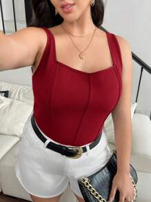 SHEIN Frenchy Áo ba lỗ xương cá màu trơn cỡ lớn cho nữ mùa hè - Đỏ - Xem 3