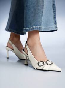 CUCCOO GRLICON Ivory High Heel Shoes Women Stilettos Pointed Toe Slip-On Pumps Metallic Single Ankle Strap Closed Toe Shoes Spring Shoes Spring Break Easter Prom Heels - White - View 3