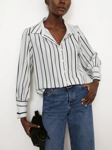 Aveloria Modichic All-Match Versatile Striped Design Button Up Long Sleeve Blouse, Casual Wear For Business Lady Fall Cloth For Women - Black and White - View 4