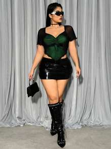 SHEIN ICON Plus Size Pleated Bust Knot Front Lettuce Trim Mesh Summer Top - Dark Green - View 3