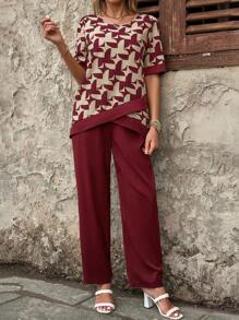 EMERY ROSE Women's Summer Geometric Pattern Shirt And Straight-Leg Pants Set - Red - View 3