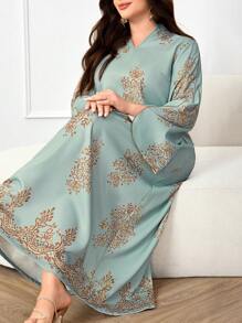 Al Najma 大码女式阿拉伯风格休闲连衣裙，简约时尚，适合日常穿着 - 彩色 - 查看 1