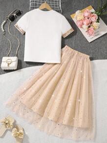 2pcs Tween Girls Sequins Decor Round Neck Short Sleeve Top Tee And Elegant Sparkly Mesh Skirt Set, Spring And Summer,Holiday,Summer,Travel Summer Holiday