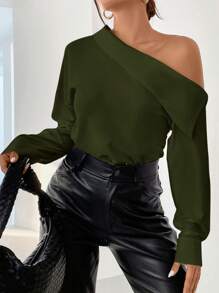 SHEIN Privé Camisa casual de manga larga con hombros oblicuos de unicolor, para uso diario