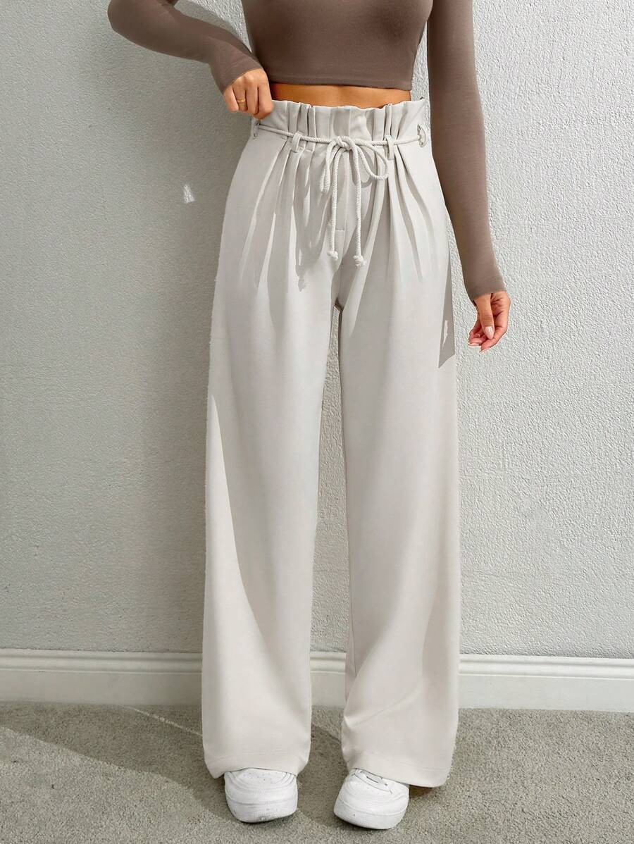 RueChic Women's Solid Mid Rise Belted Wide Leg Pants - Beige - View 1