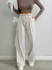 RueChic Women's Solid Mid Rise Belted Wide Leg Pants - Beige - View 4