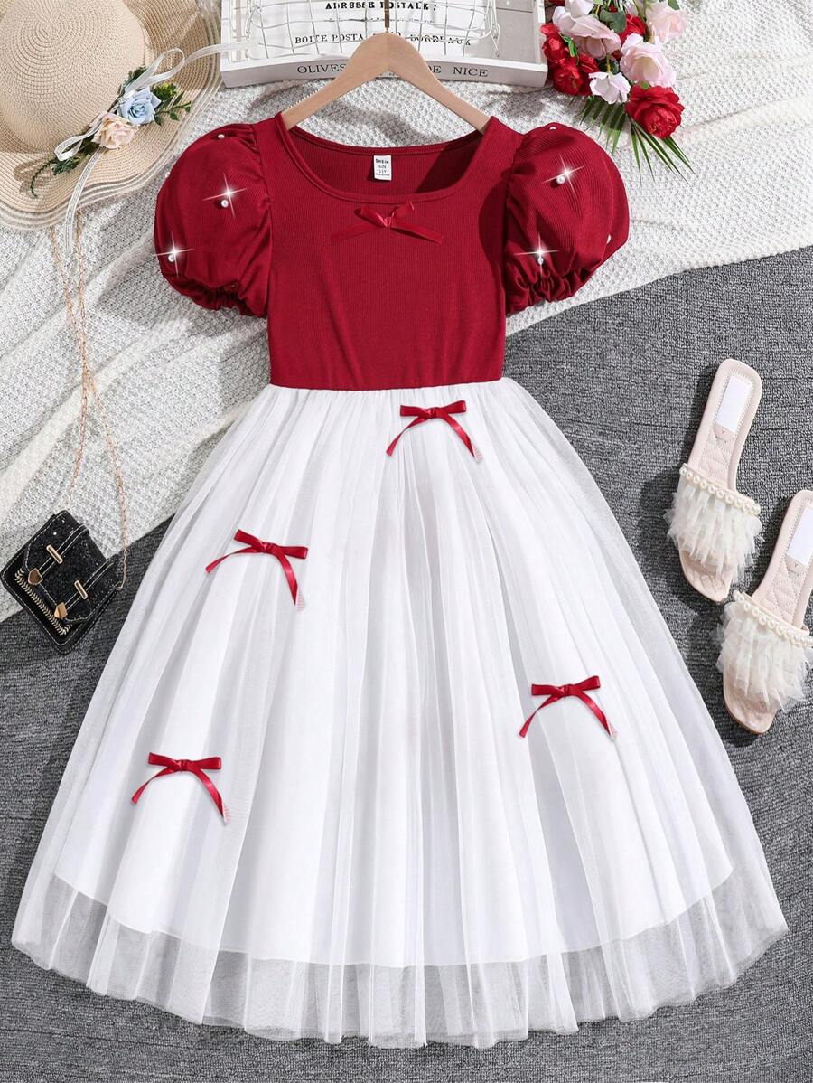 Spring/Summer Tween Girls ELGANTZ Puff Sleeve Beaded Bow Splice Mesh Ruffle Decor Party Dress, Suitable For Vacation, Holiday, Dinner, Family Gathering, Bridal,Holiday Summer Travel - Red - View 1